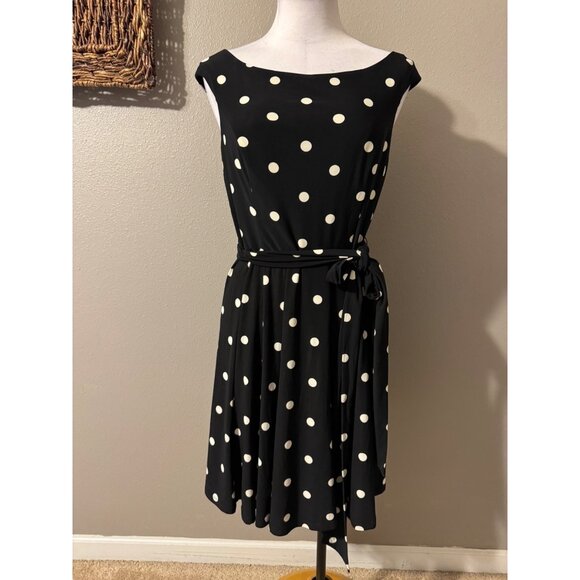Ralph Lauren Dress 6 Black White Polka Dot A Line w Belt Washable Career Church - Picture 5 of 10